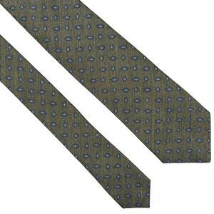 ISAIA 7 Fold Silk Wool Blend Tie Olive Green Blue Diamond Woven Necktie‎ Italy